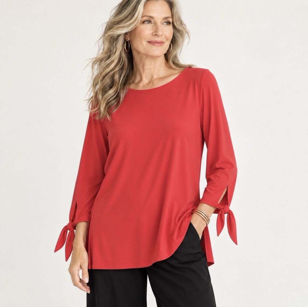 Sympli Top Women's Size 12 Red Long Sleeve Tie Cuff Round Neck Side Slit